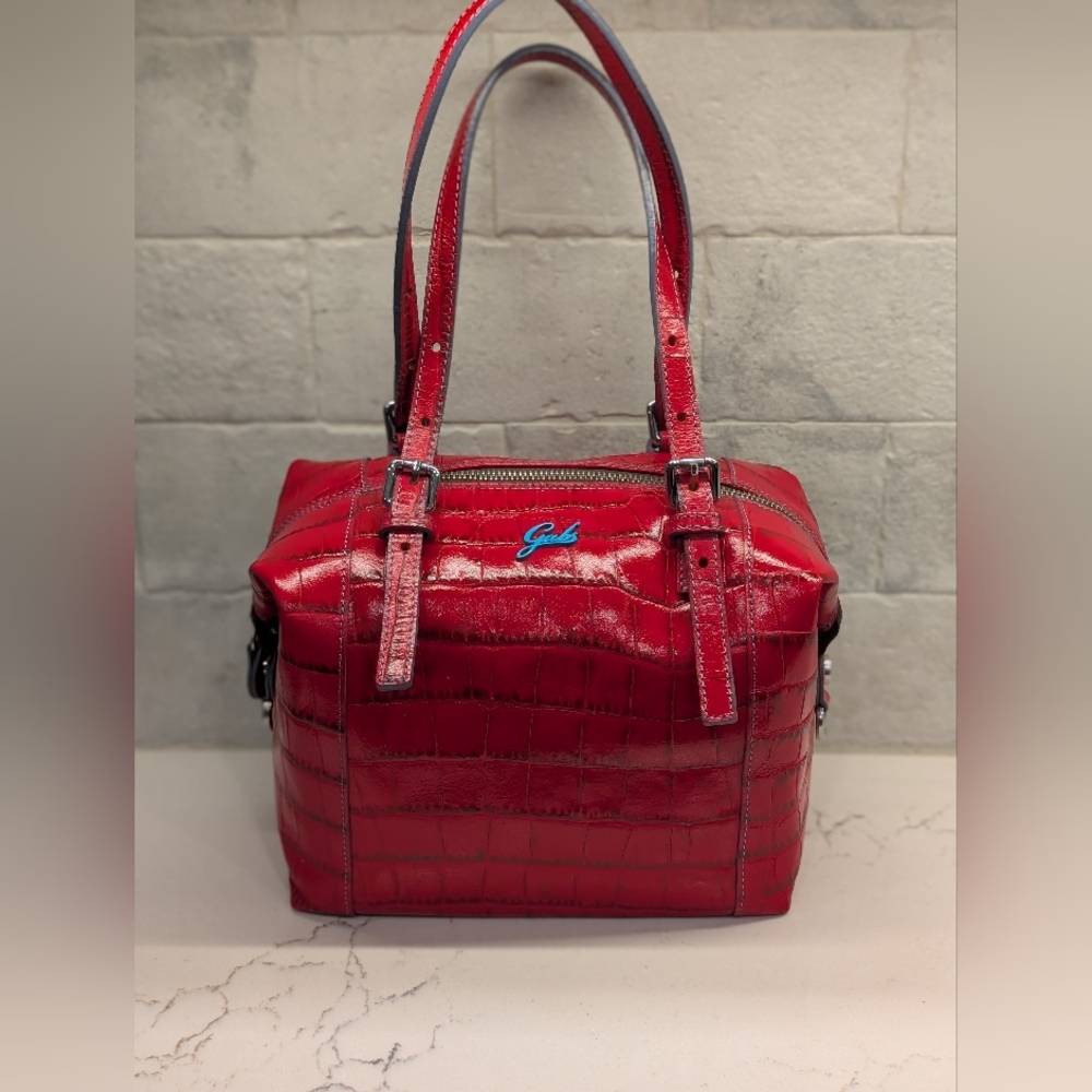 Red Croc-Embossed Leather Satchel